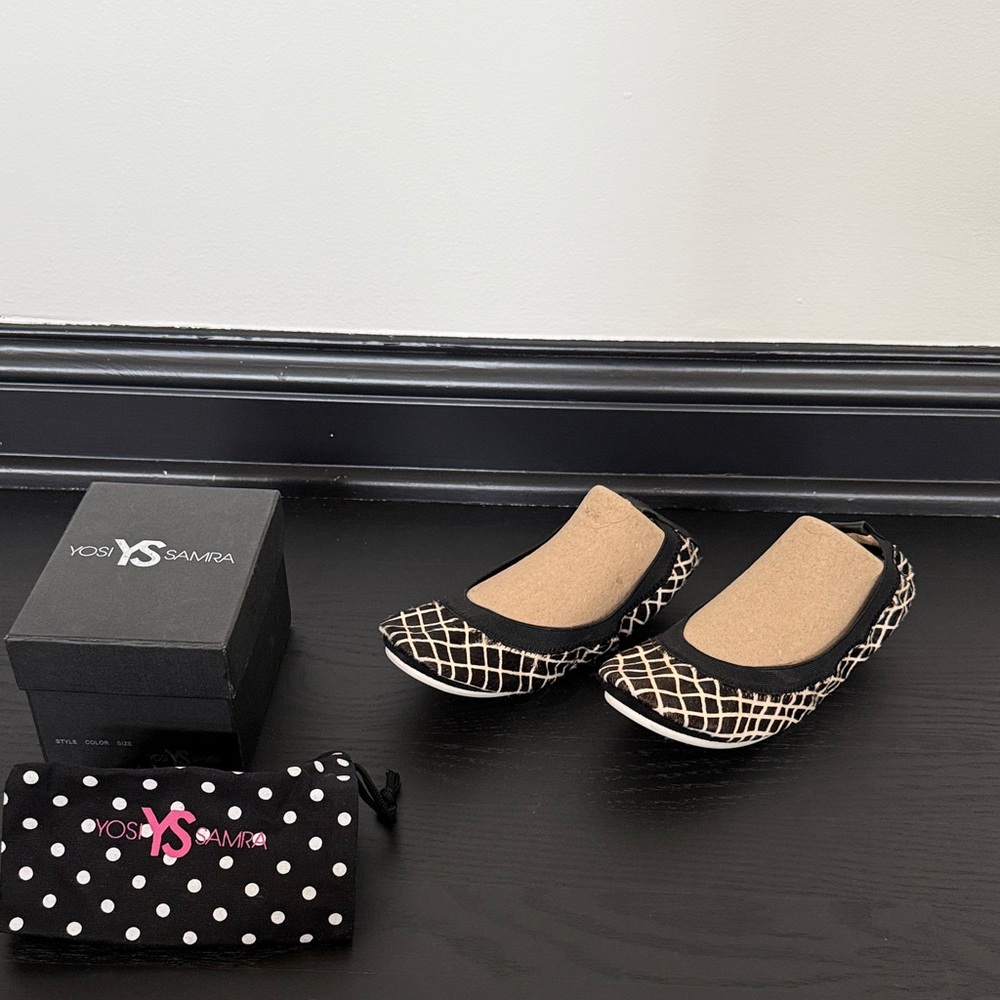 NWT Yosi Samra Black and Tan genuine pony hair Kids foldable ballet flats